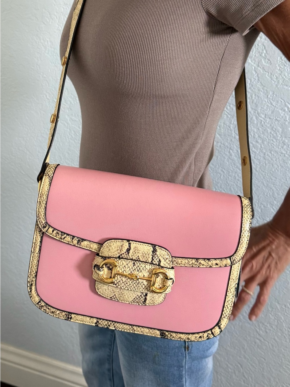 Rare Gucci Limited Edition Horsebit 1955 Blush Pink Leather&Python Crossbody Bag - Picture 15 of 15